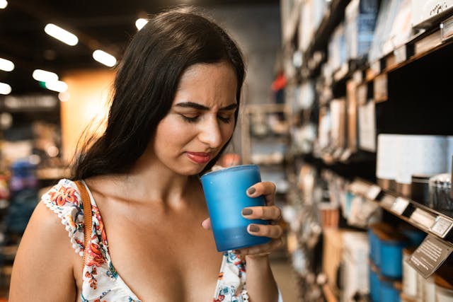 femme gênée par l'odeur d'une bougie parfumée