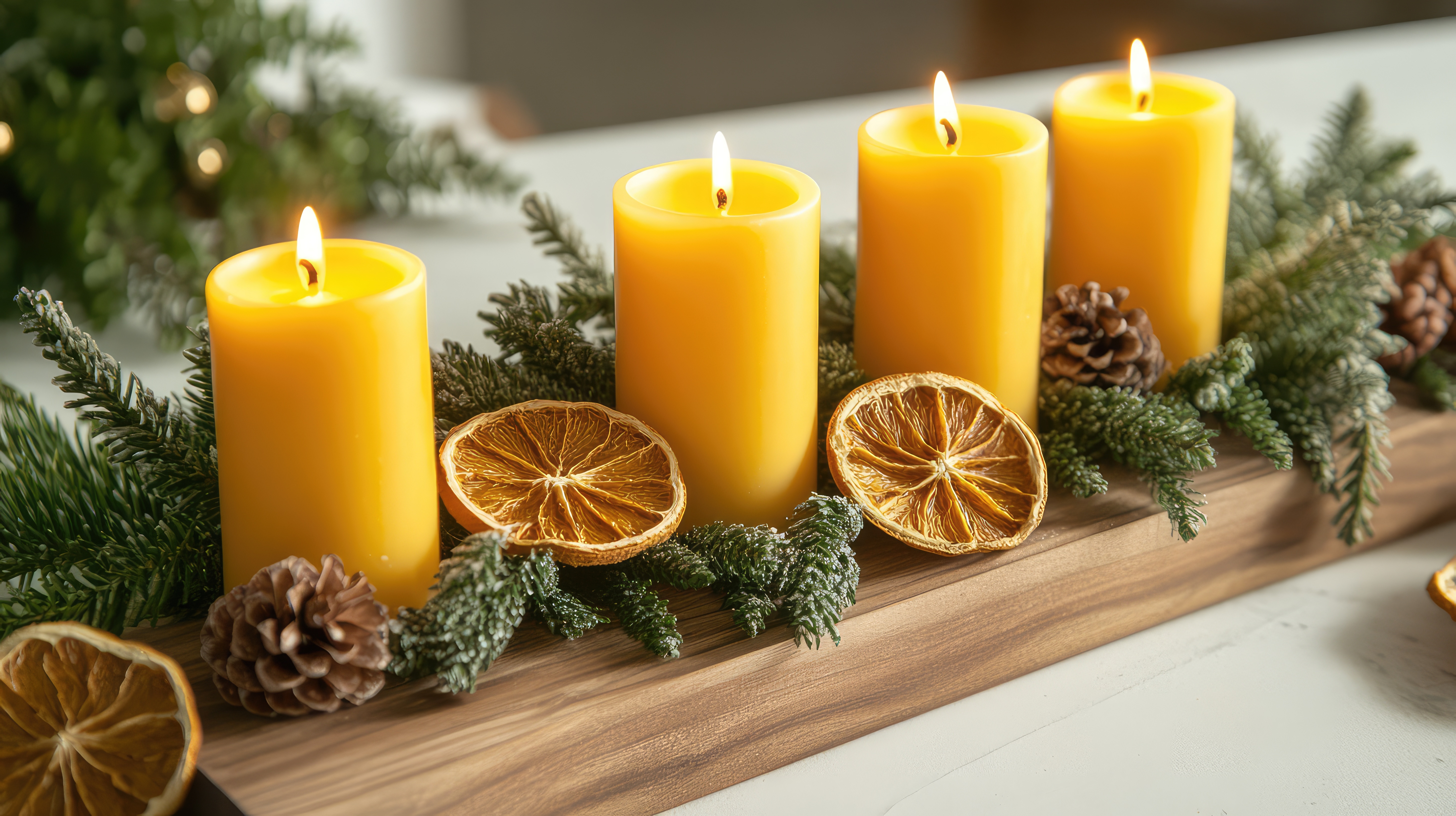 chemin table Noël avec bougies cire d'abeille cylindre